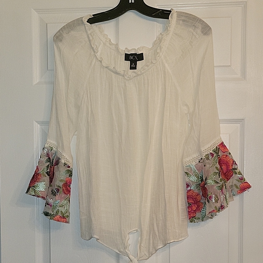 BCX White Blouse with Floral Sleeves